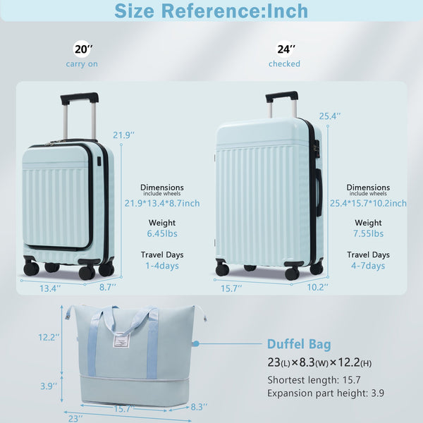 English Elm Front Access Hardside 3 Piece Travel Set with Usb Port Spinner Wheels and Tsa Lock Light Blue N732P326130N