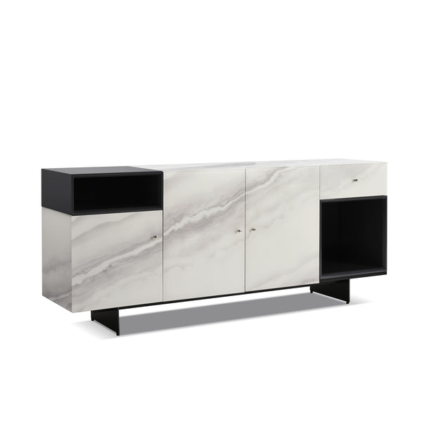English Elm Olivia Marble Effect Glass Sideboard with Matte Black Open Shelving for Dining Rooms B2736S00027