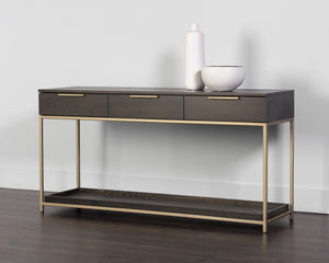 Sunpan Rebel Console Table: Modern Charcoal Oak Design with Soft Close Drawers and Stylish Gold Accents Gold / Charcoal Grey