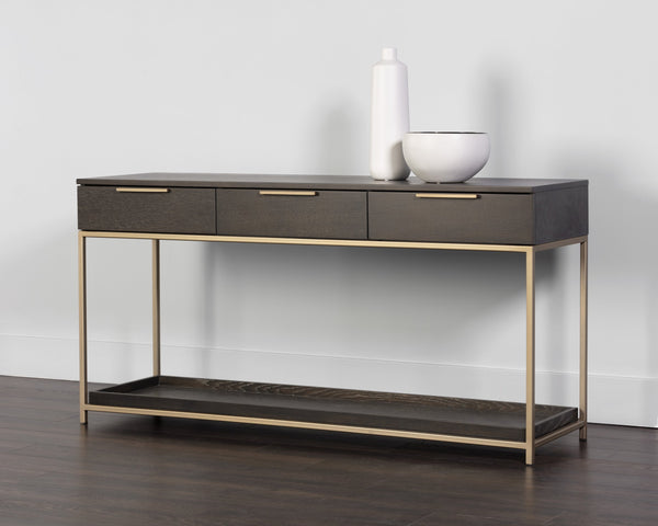 Sunpan Rebel Console Table: Modern Charcoal Oak Design with Soft Close Drawers and Stylish Gold Accents Gold / Charcoal Grey