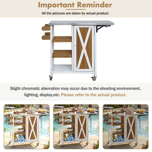 English Elm Foldable Outdoor Kitchen Cart with Stainless Worktop Fir Wood Frame and Lockable Wheels Brown+White N719P380281Z