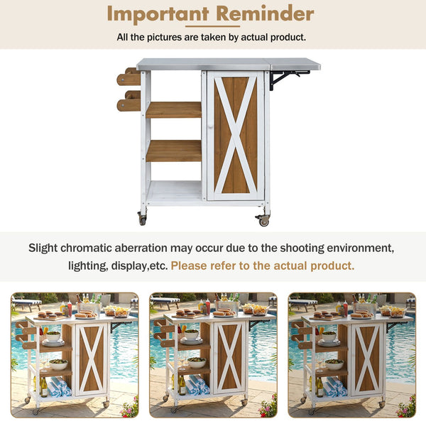 English Elm Foldable Outdoor Kitchen Cart with Stainless Worktop Fir Wood Frame and Lockable Wheels Brown+White N719P380281Z