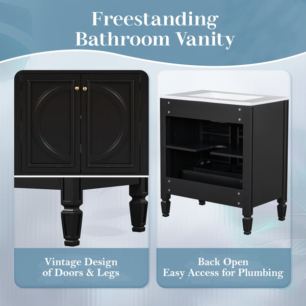 English Elm [video] 60 Inch Freestanding Double Sink Bathroom Vanity with Ceramic Basins Soft Close Storage Black N759S226000B