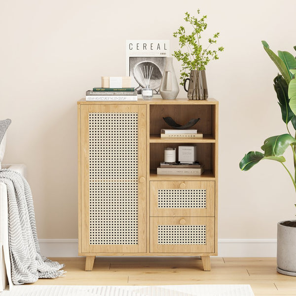 English Elm Rattan Cane Front Sideboard with Drawers Adjustable Shelf Bohemian Storage Cabinet Natural T3623P434728