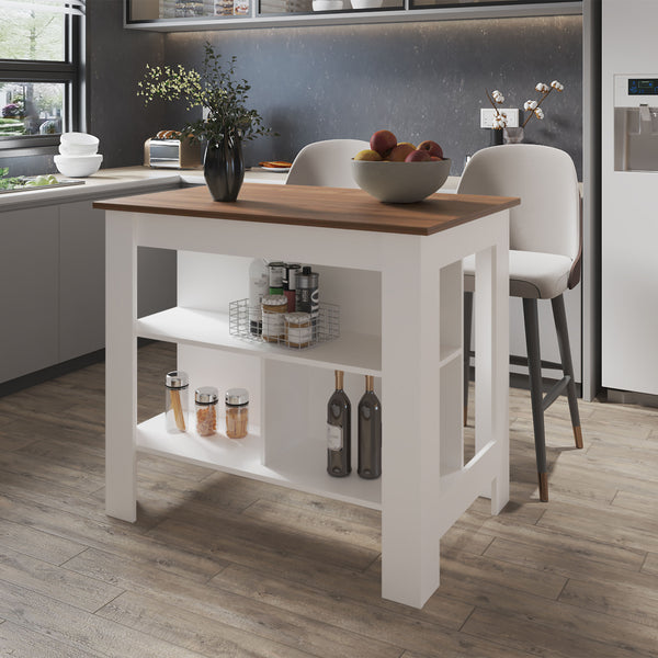 English Elm Aztec Melamine Kitchen Island with Open Storage Shelves, Mahogany/White Finish, Compact 35.4"H x 40.5"W x 27.5"D B128P237142