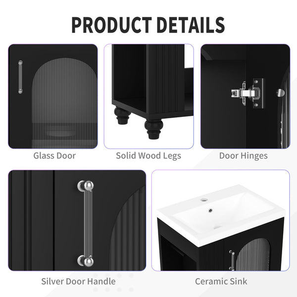 English Elm 20" Matte Freestanding Bathroom Vanity Ceramic Sink Mdf Cabinet Open Side Shelf Black N725P364206B