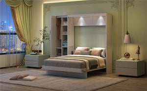 English Elm Full Size Murphy Bed with Open Shelving Wardrobe and Led Lighting for Studio Spaces White LP000898AAK-1