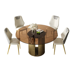 English Elm 59-Inch Modern Round Dining Table Set With Dark Brown Glass Top & Antique Copper Steel Legs For Stylish Dining W509S00146