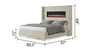 English Elm LIZZELLE King 5PC Bedroom Set with Velvet Upholstery, Fireplace Display, USB Bluetooth, Beige Finish B009S02097