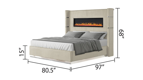 English Elm LIZZELLE King 5PC Bedroom Set with Velvet Upholstery, Fireplace Display, USB Bluetooth, Beige Finish B009S02097