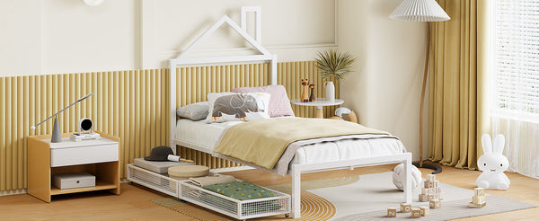 English Elm Twin Metal Platform Bed with House-Style Headboard, Sturdy Slatted Frame & Smooth Underbed Drawers for Kids and Teens (300 lb Capacity) White MF320570AAK