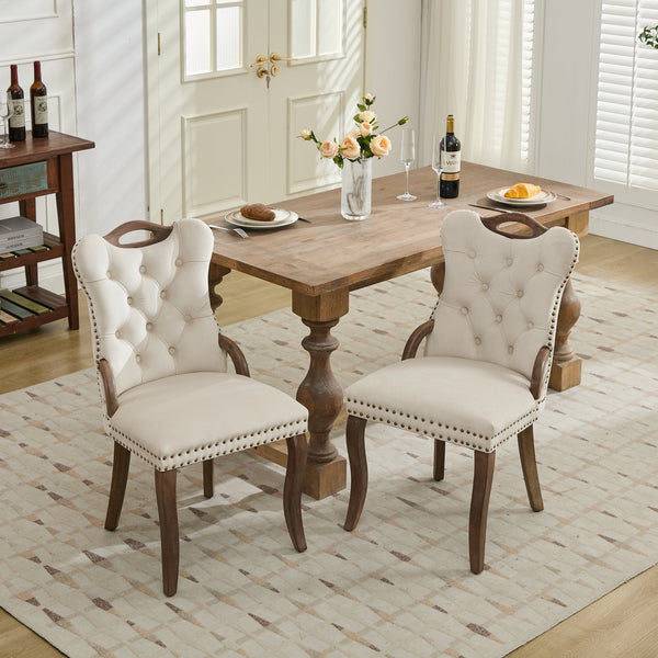 English Elm Velvet Upholstered Dining Chair with Handmade Tufting, Solid Wood Handles, Copper Nail Trim, Set of 2 Beige W1143P338140