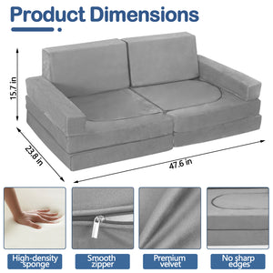 English Elm 12 Piece Modular Foam Play Couch Set Velvet Convertible Sofa Fort for Kids Playroom Light Gray T5880P493410