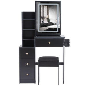 English Elm 29.2" Stylish Left Bedside Vanity Table Set With Led Mirror, Power Station & Cushioned Stool For Comfort W936P202471
