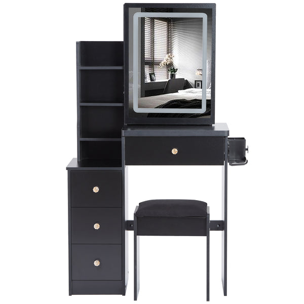 English Elm 29.2" Stylish Left Bedside Vanity Table Set With Led Mirror, Power Station & Cushioned Stool For Comfort W936P202471