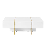 English Elm 47.2'' X 31.4''Minimalist High Gloss Coffee Table With 2 Drawers, Multi-Storage Rectangle Sofa Table With Golden Wood Grain Legs, Modern Center Table For Living Room, White