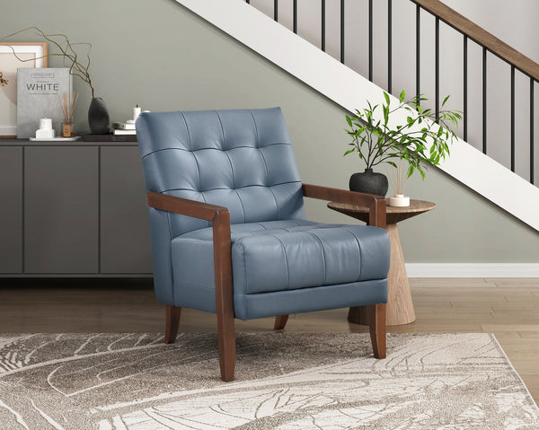 English Elm Modern Tufted Leather Accent Chair with Walnut Wood Frame, Upholstered Seat, Compact Stylish Design Blue 28 L x 21 W x 25.75 H B011P271924