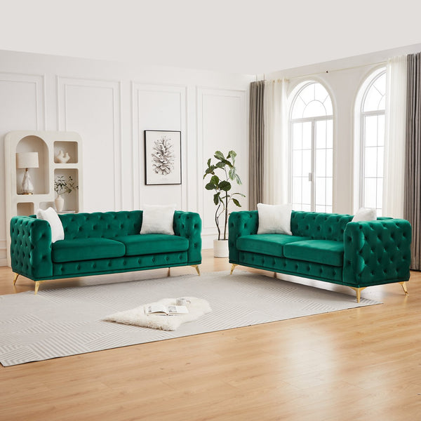 English Elm Fx Velvet Tufted 6 Seat Sofa Set Chesterfield Style with Button Detail Living Room Green W1926S00084
