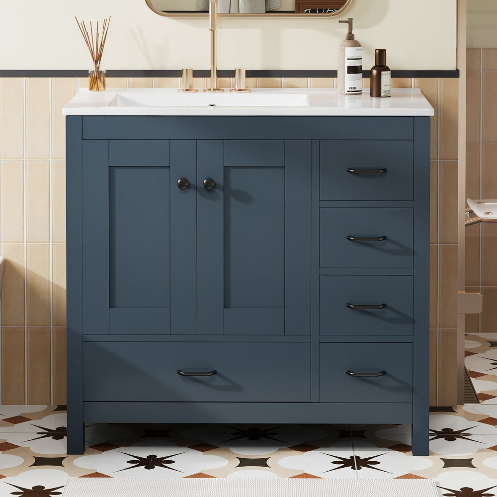 English Elm 36" Blue Bathroom Vanity with Ceramic Sink, 5 Drawers & Soft-Close Doors, Solid Wood Modern Storage N729P183735C