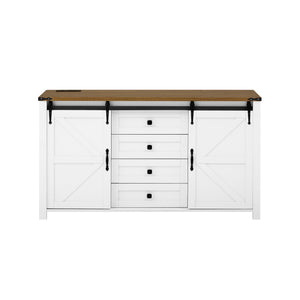 English Elm U-style Farmhouse Sideboard Barn Door Buffet with Drawers Built-in Outlet Dining White N711P347377K