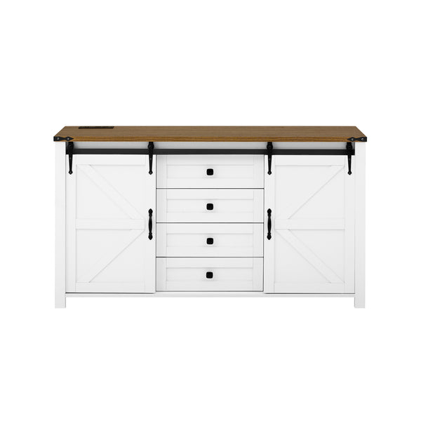 English Elm U-style Farmhouse Sideboard Barn Door Buffet with Drawers Built-in Outlet Dining White N711P347377K