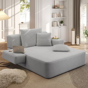English Elm Luxurious Corduroy Convertible Chaise Lounge Sofa Bed with Foam Support for Apartments Light Grey W3219P449013