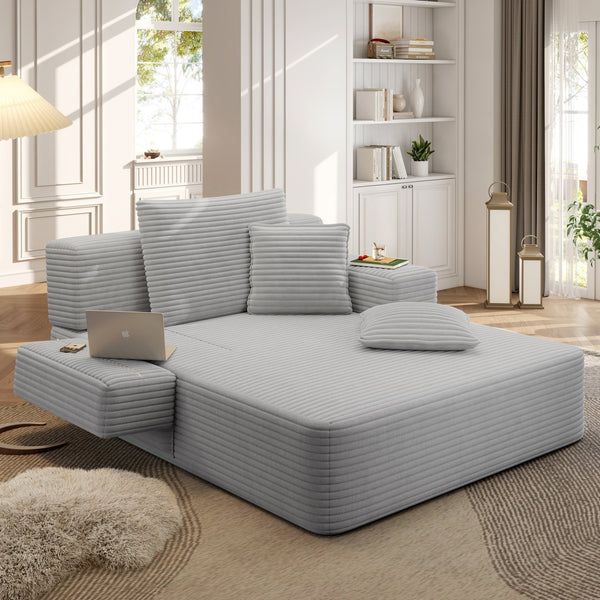 English Elm Luxurious Corduroy Convertible Chaise Lounge Sofa Bed with Foam Support for Apartments Light Grey W3219P449013