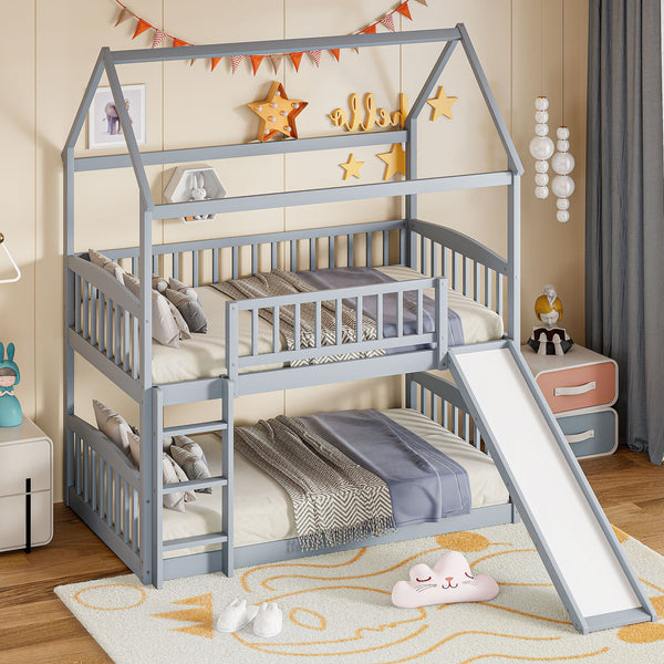 English Elm Twin Over Solid Wood House Bunk Bed with Built-in Slide and Gray Finish LT100213AAE-1