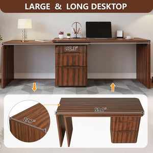 English Elm 90" Rotating L-shape Executive Desk Natural Melamine Mdf Surface Three Drawers Home Office Walnut N751S383638W