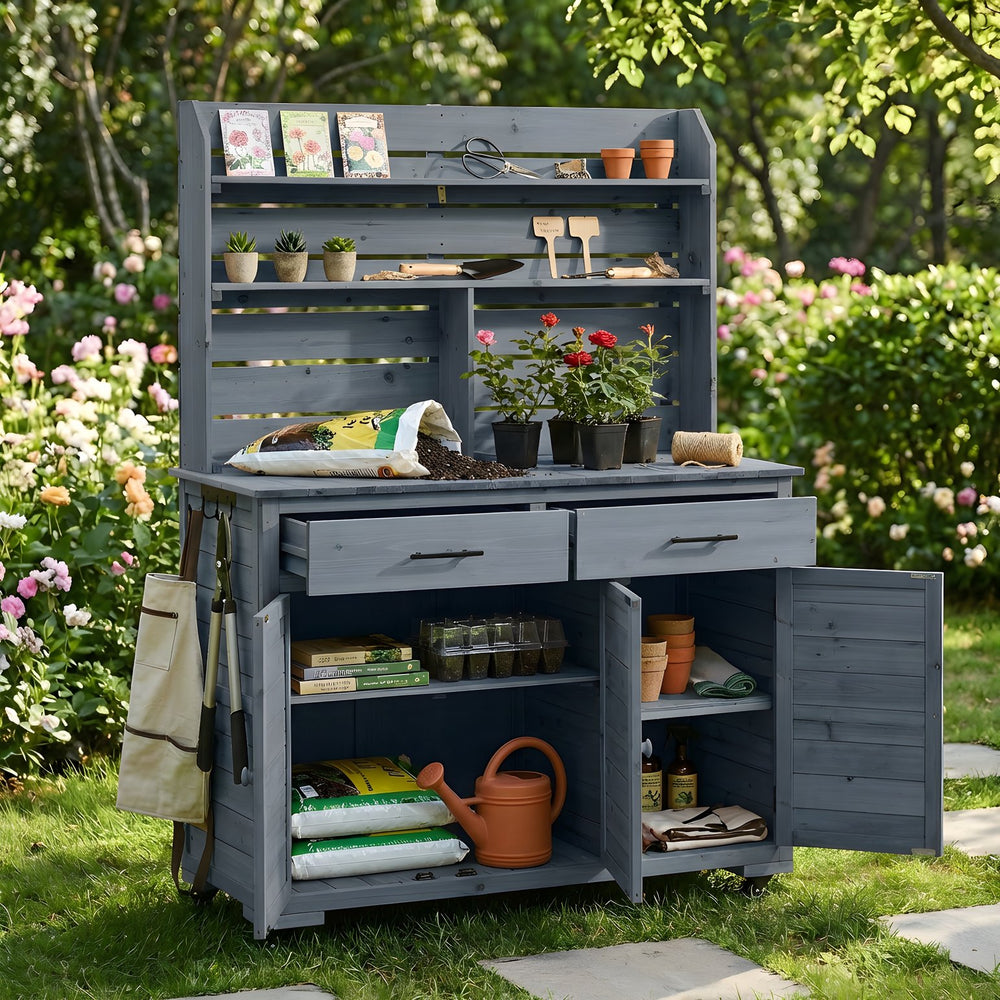 English Elm (assembly Video) Topmax Solid Fir Outdoor Potting Bench Grill Cart with Hutch Storage Gray N717P404333E