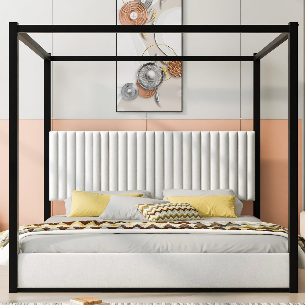 English Elm King Velvet Upholstered Four Poster Canopy Bed White Modern Bedroom Frame N7090002405B