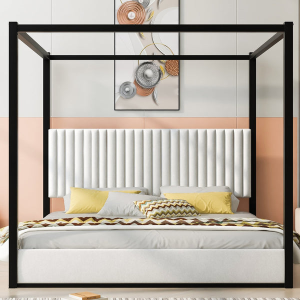 English Elm King Velvet Upholstered Four Poster Canopy Bed White Modern Bedroom Frame N7090002405B