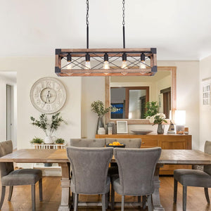English Elm Farmhouse Linear Chandelier – 5-Light Rustic Dining Room Light Fixture With Solid Wood & Metal Accents W2738P185425