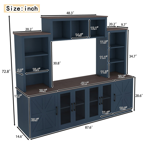 English Elm Wall Unit Entertainment Center with Built in Charging Mdf Media Console Open Shelving Blue W1580S00437