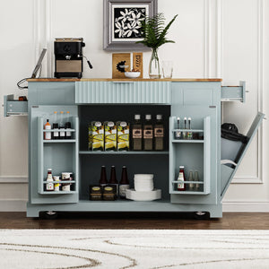 English Elm K&k Rolling Kitchen Island Rubber Wood Top Fluted Cabinet Built-in Charging Station Grey+Blue N707S221571G