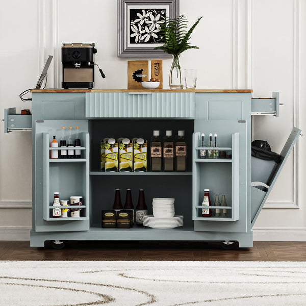 English Elm K&k Rolling Kitchen Island Rubber Wood Top Fluted Cabinet Built-in Charging Station Grey+Blue N707S221571G