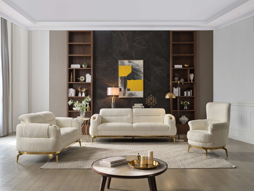 English Elm Zoe Modern 3-Piece Living Room Set: Cream Chenille Sofa, Loveseat & Chair With Gold Accents B009S01882-GIGA