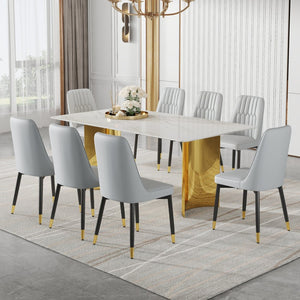 English Elm Table With Elegant Glass Top & 8 Comfortable Pu Chairs - Modern Marble Pattern & Gold Legs Set W1151S04354-GIGA