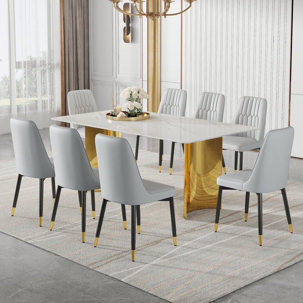 English Elm Table With Elegant Glass Top & 8 Comfortable Pu Chairs - Modern Marble Pattern & Gold Legs Set W1151S04354-GIGA