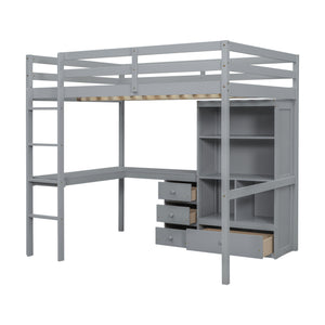 English Elm Full Size Loft Bed With Desk, Storage Solutions, Built-In Ladder & Guardrails For Safe Use In Grey W504S00160