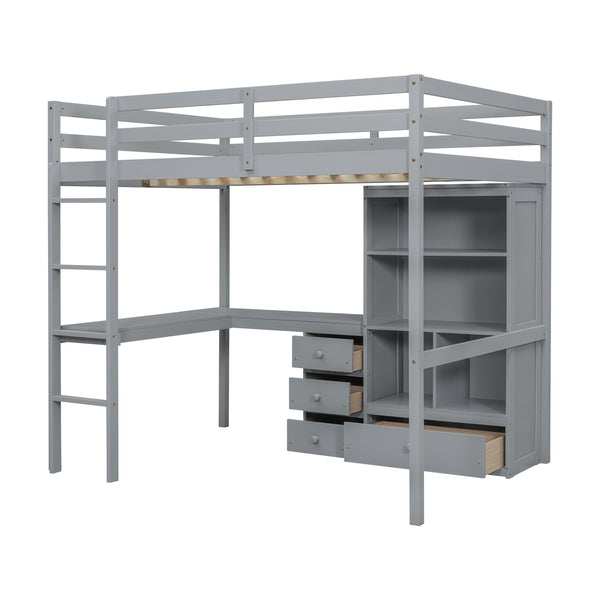 English Elm Full Size Loft Bed With Desk, Storage Solutions, Built-In Ladder & Guardrails For Safe Use In Grey W504S00160
