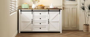 English Elm U-style Farmhouse Sideboard Barn Door Buffet with Drawers Built-in Outlet Dining White N711P347377K