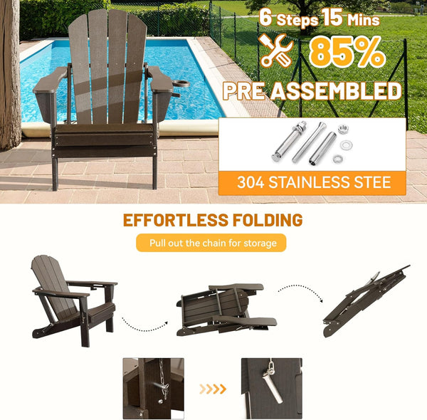 English Elm Adirondack Hdpe Folding Chair Set Outdoor Patio Fire Pit Seating with Cup Holder Brown W1859P453286