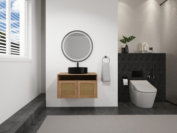 English Elm 30" Modern Wall-Mounted Bathroom Vanity With Black Ceramic Sink, Soft-Close Doors, Oak Finish W999S00398