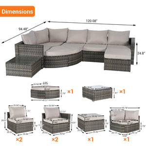 English Elm 8 Piece Outdoor Wicker Sectional Sofa Set - Gray Rattan Curved 3-Seater, Ottomans, Glass Table, Weatherproof Durable Comfort W874S00039