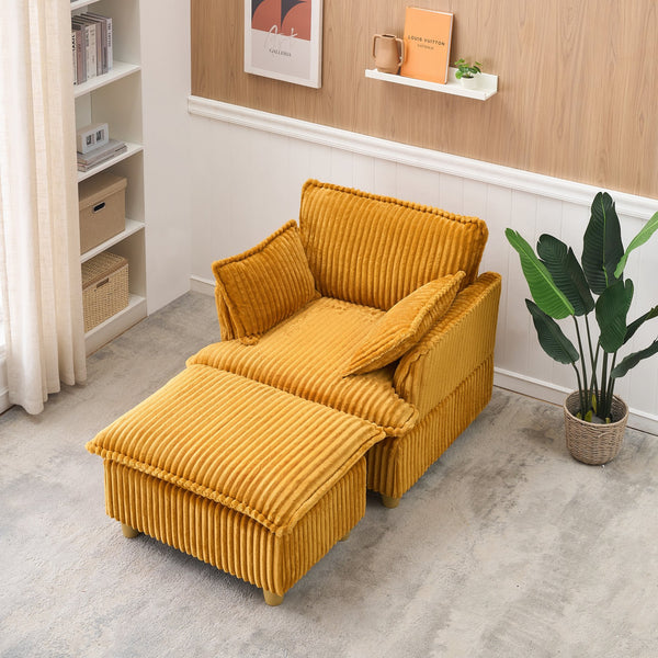 English Elm This single-seat corduroy sofa with ottoman and pillows — compact lounge chair for cozy reading nooks and naps Yellow W1658S00121