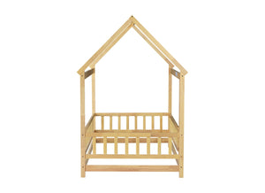 English Elm Twin Size House Floor Bed With Roof Frame & Safety Guardrails - Cozy & Imaginative Playtime Haven W504P286404-GIGA