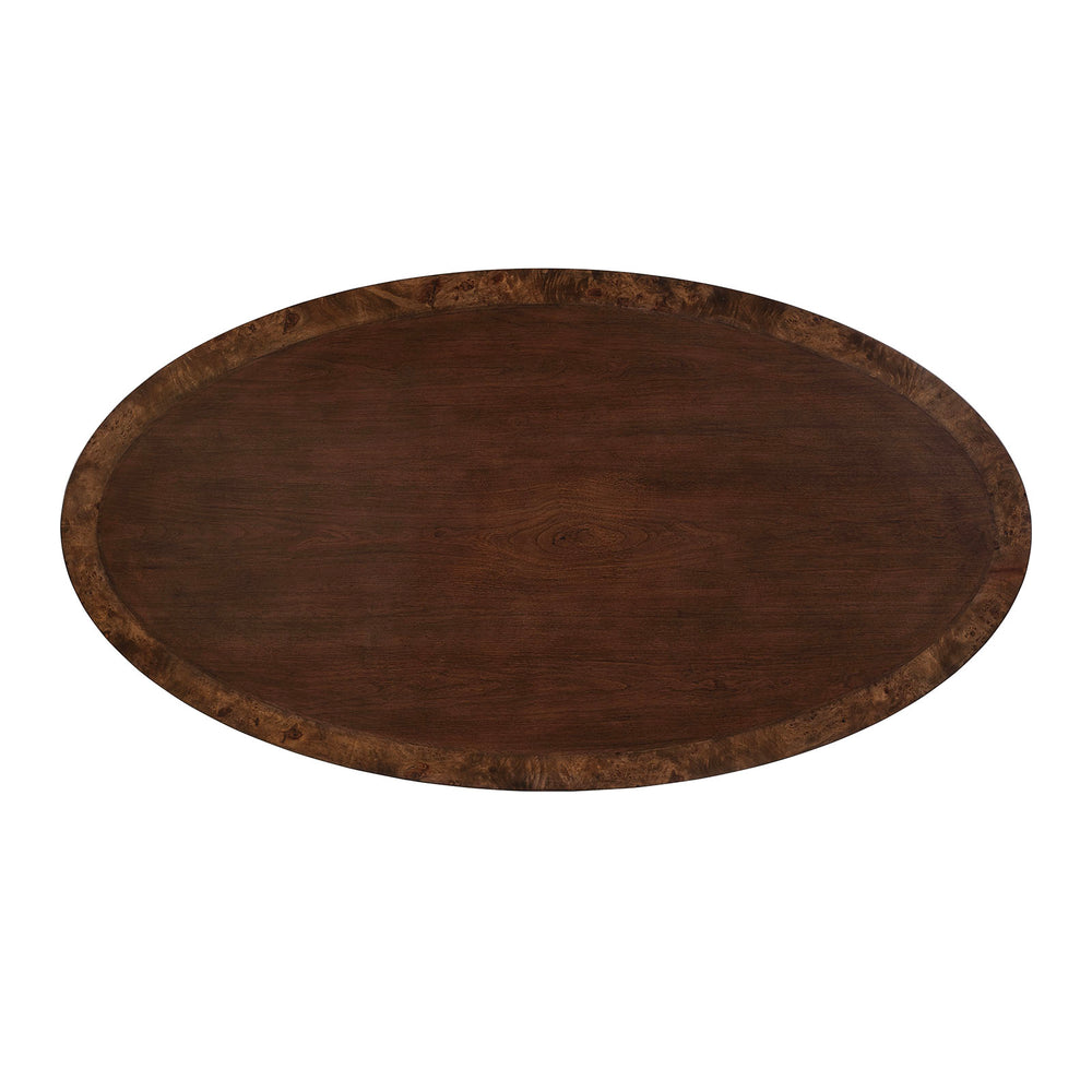 English Elm Modern Oval Cocktail Table with Dark Wood Finish, Gold-Capped Legs & Poplar Burl Trim for Living Rooms Cherry 31 L x 55 W x 7 H B2741P392075