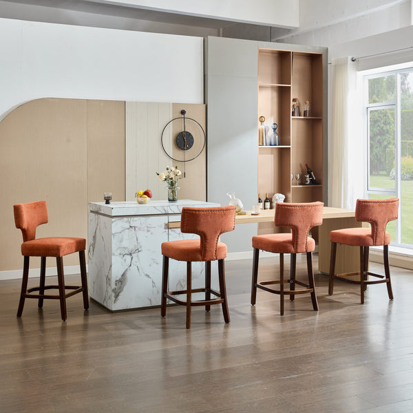 English Elm Mid Curved Backrest Bar Stools Set of 2 with Copper Nail Trim, High-Density Foam & Walnut Legs Orange W1143P296349