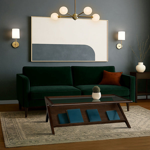 English Elm Wood and Tempered Glass Mid-century Coffee Table with Open Shelf for Living Room B035P408395